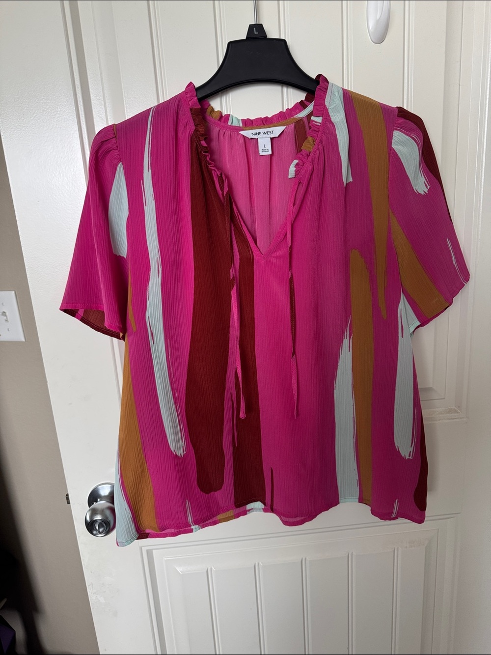 Nine West Fuchsia Abstract Brushstroke Tie-Neck Blouse